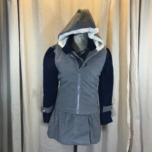 Double-Breasted Hooded Coat With Faux Fur Lining & Button Details Peacoat  nwot